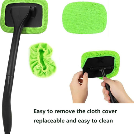 Car Windshield Cleaning Tool 5 Reusable Microfiber Pads Extendable Handle Green