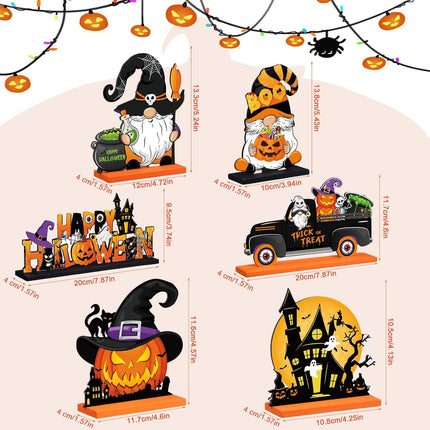 6-Piece Halloween Wooden Table Centerpieces, Pumpkin Gnome Witch Hat Party Decor