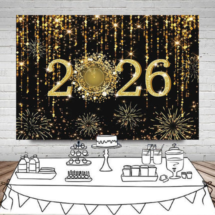2026 NYE Photography Backdrop – Black & Gold Cheers to 2026 Photo Props