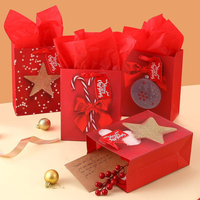 4PCS Medium Xmas Gift Bags – 9" Holiday Wrapping Bags with Tissue Paper