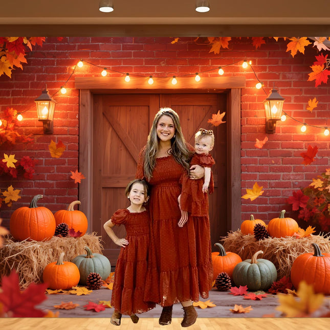 Large 7x5FT Fall Backdrop – Autumn Pumpkin, Maple Leaves, Barn Wood & Ribbon for Parties