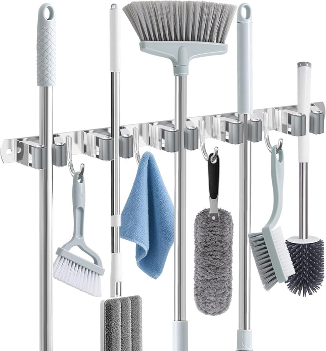 Broom Holder Wall Mount – 5 Racks, 4 Hooks Heavy Duty Storage Organizer