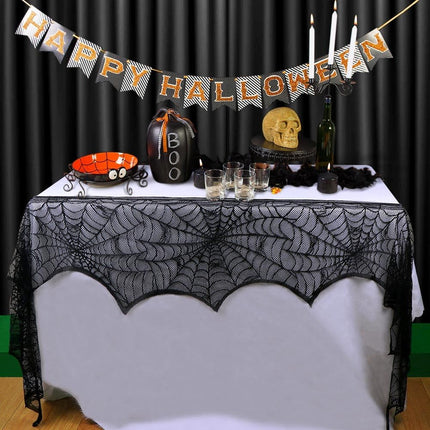 Halloween Black Lace Spiderweb Fireplace Mantel Scarf, 18x96in Party Decor