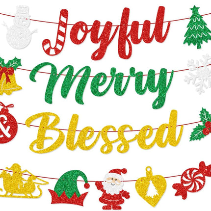 Glittery Merry & Blessed Christmas Banner – Snowman Santa Snowflake Party Decor