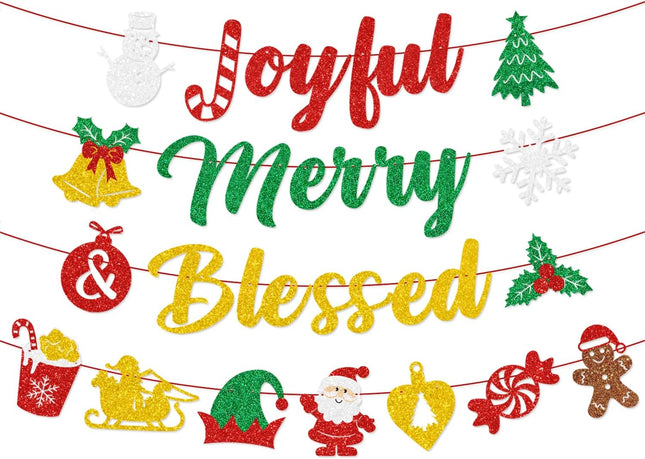 Glittery Merry & Blessed Christmas Banner – Snowman Santa Snowflake Party Decor