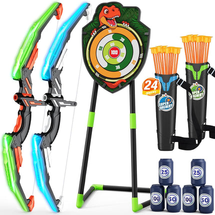 2-Pack Kids Bow & Arrow Set, LED Archery Toy with Dinosaur Target, 24 Suction Arrows