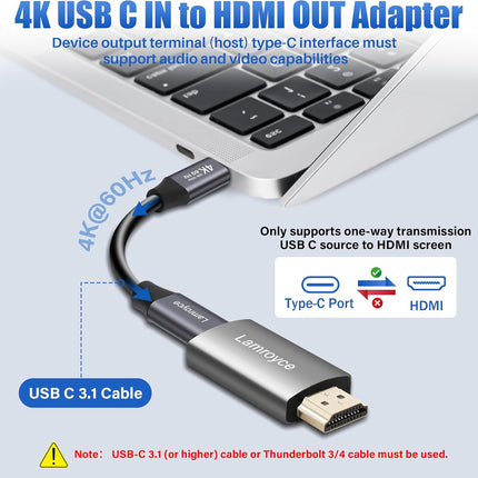 4K USB-C to HDMI Adapter – Uni-Directional, PD100W, 4FT Cable Included