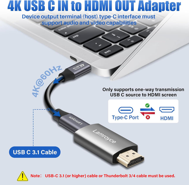 4K USB-C to HDMI Adapter – Uni-Directional, PD100W, 4FT Cable Included