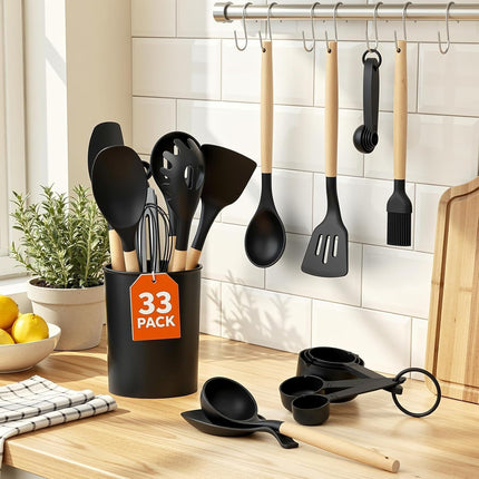 33PCS Silicone Kitchen Utensil Set Wooden Handles Heat Resistant Nonstick Cookware