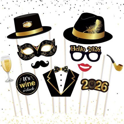 25 PCS New Year Photo Booth Props Black Gold Hats Glasses NYE 2026 Party