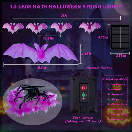 15LED Solar Bat String Lights, 8 Modes, 3D Flying Bats for Yard, Porch & Fence Decor