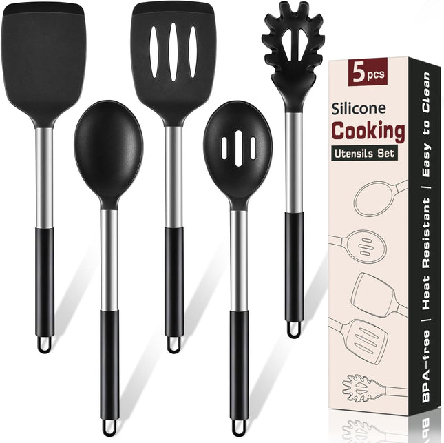 5Pc Silicone Cooking Utensils Set Heat Resistant Nonstick Kitchen Black