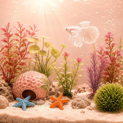 10PCS Aquarium Decorations, Pink Ceramic Strawberry Cave, Artificial Plants & Fish Hideout