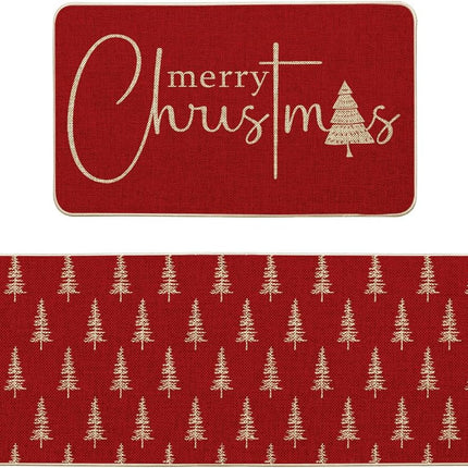 Winter Kitchen Rugs Set of 2 Red Xmas Tree Mats 17x29 & 17x47 Inches