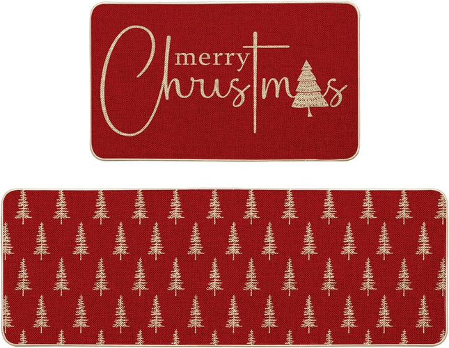 Winter Kitchen Rugs Set of 2 Red Xmas Tree Mats 17x29 & 17x47 Inches