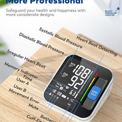 Upper Arm Blood Pressure Monitor, Large Display, 2 Users, 240 Memory, HR