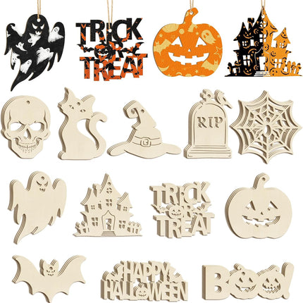 36-Piece DIY Halloween Wooden Ornaments, 12 Styles, Paintable Skull Pumpkin Ghost Bat