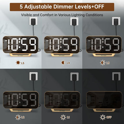 Slim Digital Mirror Alarm Clock – LED Display, Battery Backup, Gold, for Bedroom