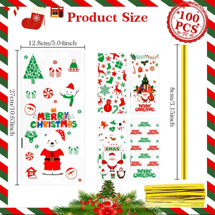 100PCS Christmas Cellophane Treat Bags – Clear Candy Bags with Twist Ties
