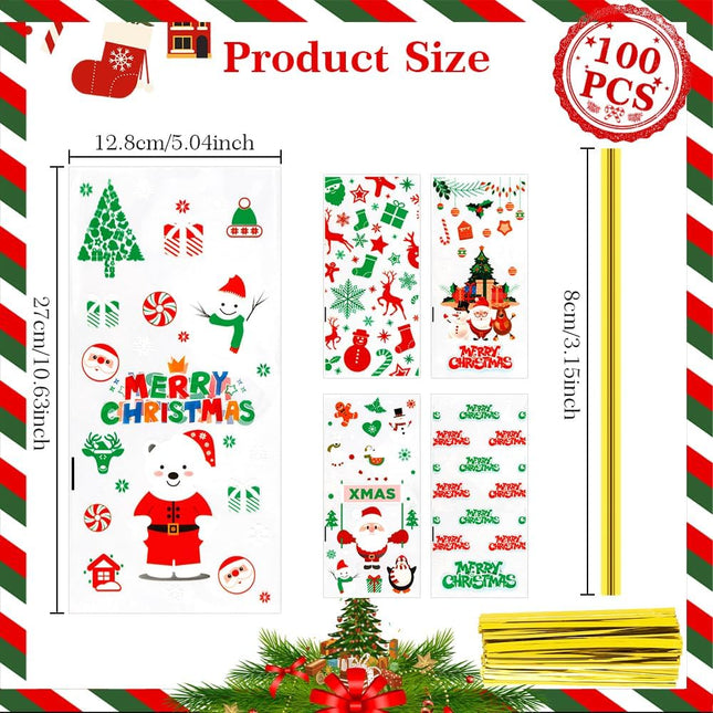 100PCS Christmas Cellophane Treat Bags – Clear Candy Bags with Twist Ties