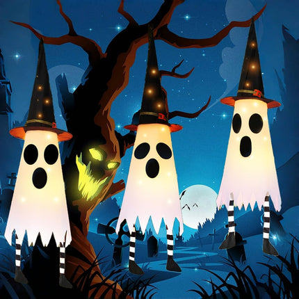 3-Pack 38in Lighted Halloween Hanging Ghosts with Witch Hat, Indoor Outdoor Decor