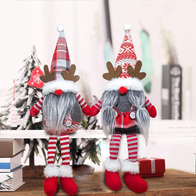 2pcs Swedish Tomte Christmas Gnomes with Dangling Legs - Handmade Holiday Decorations