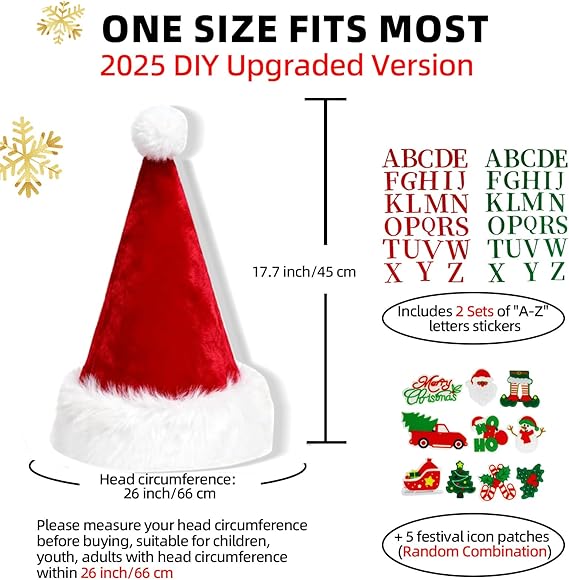 DIY Santa Hat Christmas Velvet Hat for Adults – Thick Fur with Letters & Stickers