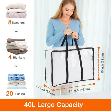 3 Pack 40L Clear Clothes Storage Bags Foldable Zipper Blanket Organizer