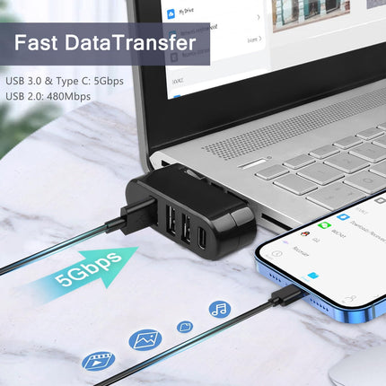 4 Port USB 3.0 Hub Rotatable USB Splitter with USB C PD Power Port