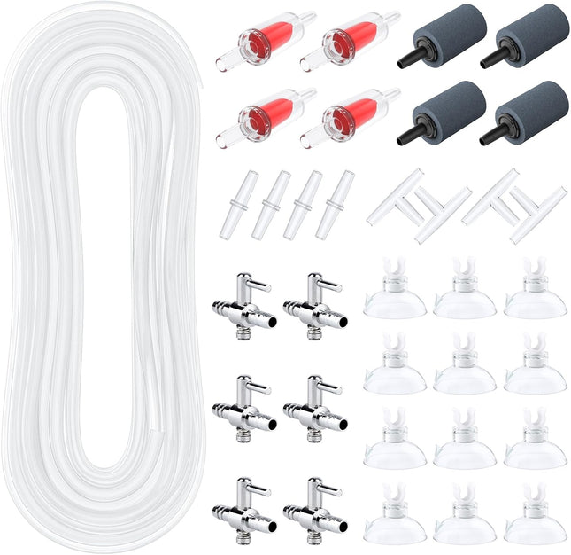 50 Feet Aquarium Airline Tubing Kit with Air Stones Valves Connectors and Accessories