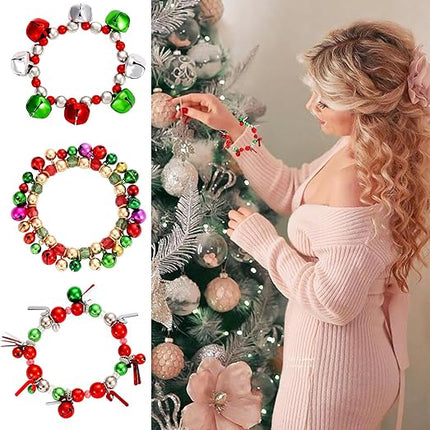 3-Piece Christmas Jingle Bell Bracelets – Colorful Beaded Charm Stretch Bracelets for Xmas Fun