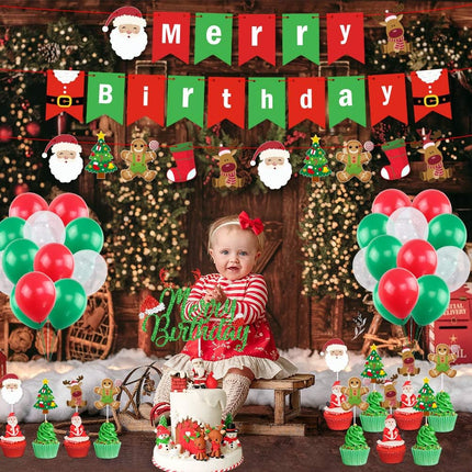 Christmas & Birthday Decorations Kit – Merry Banner, Glitter Cake Topper, Santa, Tree & Snowflake