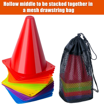 24 Pack 7-Inch Sports Training Cones, 6 Colours, Stackable Plastic Markers with Mesh Bag