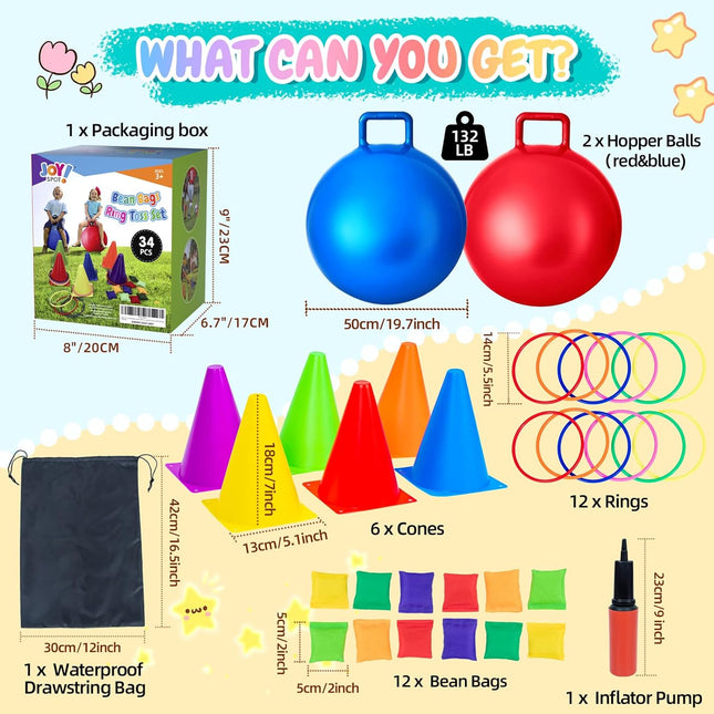 35PCS 4-in-1 Carnival Outdoor Games Set – Bean Bags, Ring Toss & Hopper Balls for Kids