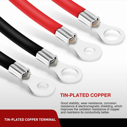 6AWG 20" Battery Inverter Cables, 3/8" Lugs, Tinned Copper Red & Black Wires