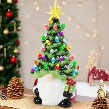 12” Lighted Gnome Ceramic Tree 46 Multicolor Lights, Tabletop Christmas Decor