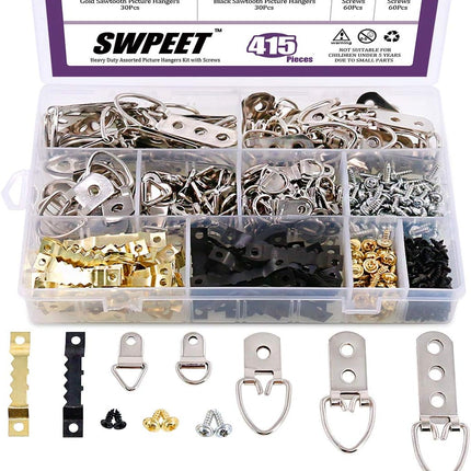 415PCS Picture Hangers Kit – Heavy Duty, Assorted Hooks & Screws, 7 Models