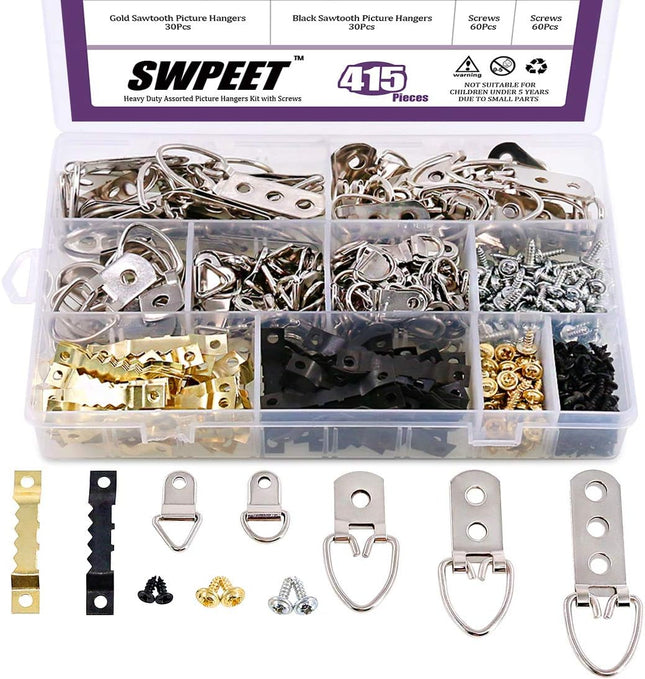 415PCS Picture Hangers Kit – Heavy Duty, Assorted Hooks & Screws, 7 Models