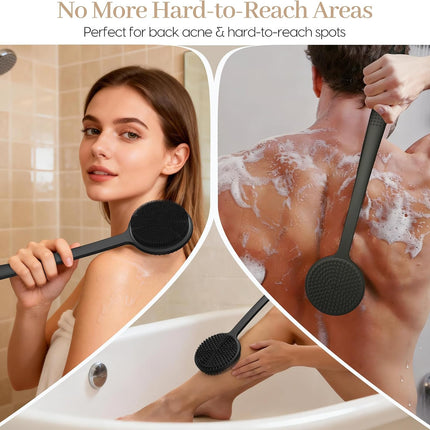 2Pcs Silicone Back & Face Scrubber Set, 17in Handle, Exfoliating Shower Brushes