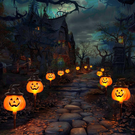 6-Pack Solar Jack-O-Lantern Stake Lights, Orange Halloween Pathway Yard Decor