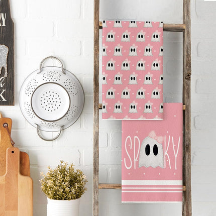 2-Pack Pink Ghost Halloween Kitchen Towels 18x26in, Absorbent Farmhouse Decor