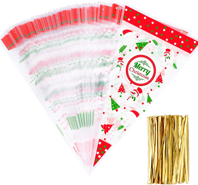 100PCS Clear Christmas Cone Bags – Popcorn, Candy & Festival Favor Supplies