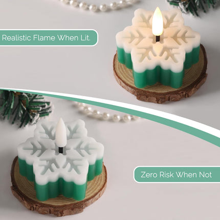 2 PCS Snowflake Flameless Tealights Green White LED Battery Operated with Remote