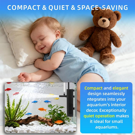 2.5W Submersible Aquarium Filter 53 GPH for 2-10 Gallon Fish Tanks, 3-in-1 Pump