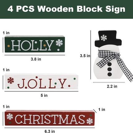4PCS Wooden Block Christmas Signs – Classic Red, White & Green Decor