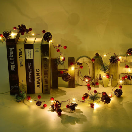 6.7FT Christmas Garland with 20 LED Lights – Red Berries & Pine Cones, Battery Operated