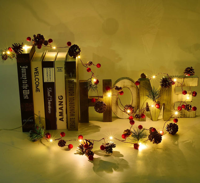 6.7FT Christmas Garland with 20 LED Lights – Red Berries & Pine Cones, Battery Operated