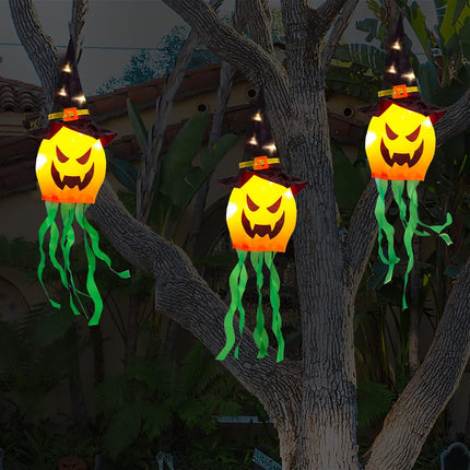 3-Piece LED Glowing Pumpkin Witch Hat Lights, Halloween Indoor Outdoor Party Decor