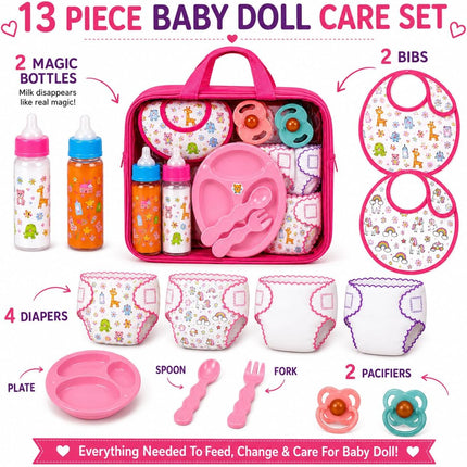 My Sweet Baby 13pc Doll Feeding Diaper Bag Set Pretend Play Care Kit Fits 12-18" Dolls