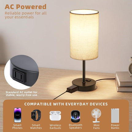 Set of 2 Bedroom Table Lamps 3-Way Dimmable Rocker Switch AC Outlet E26 Bulb